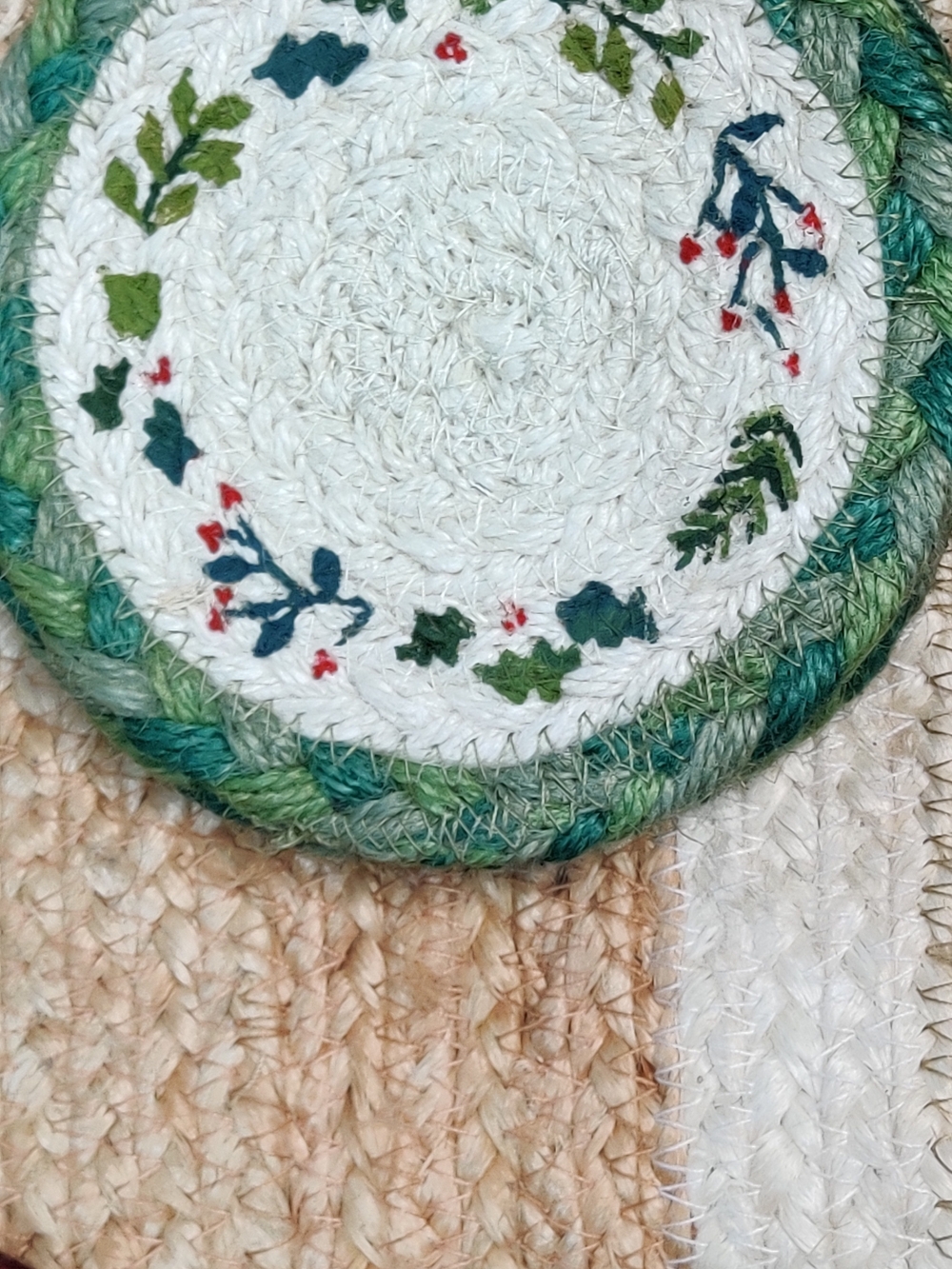 Handwoven 2 Jute Round Braided Trivet with Green Leaf Embroidery